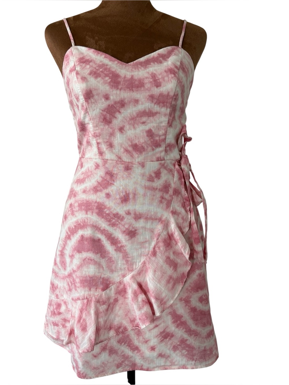 City Studio Pink Tie Dye Faux Wrap Boho Ruffle Mini Dress Sweetheart Neck size 3